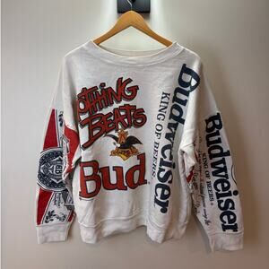 Budweiser Vintage All Over Print Beer Boxy Pullover White AOP Sweatshirt - L/XL